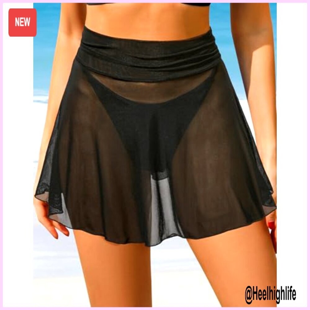 Sheer Mesh High Waisted Skirt Cover Up Nylon Spandex Swim Beach - Picture 5 of 6